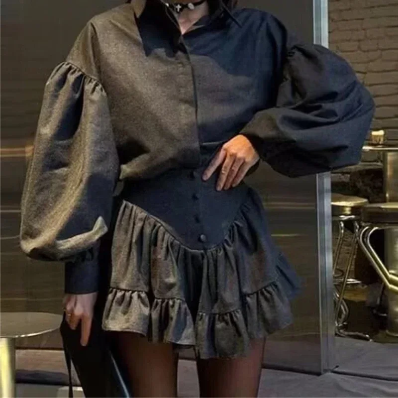 

Рубашка с длинными рукавами, топы, юбка, уличный свободный волнистый подол, мини-юбки, комплект, повседневный модный офисный женский уличный костюм