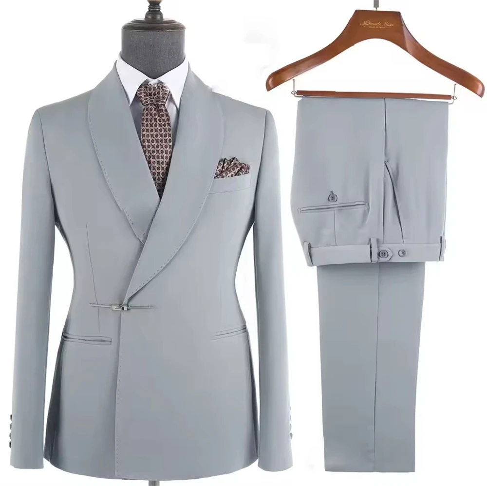 Fashion Coral Men Suits New High Quality Elegant Metal Side Release Buckle 2 Pieces Set Wedding Party Dinner (Blazer+Pants)
