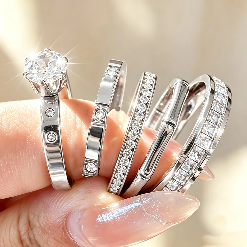 5pcs Women's Stackable Rings Set, Sparkling Zircon