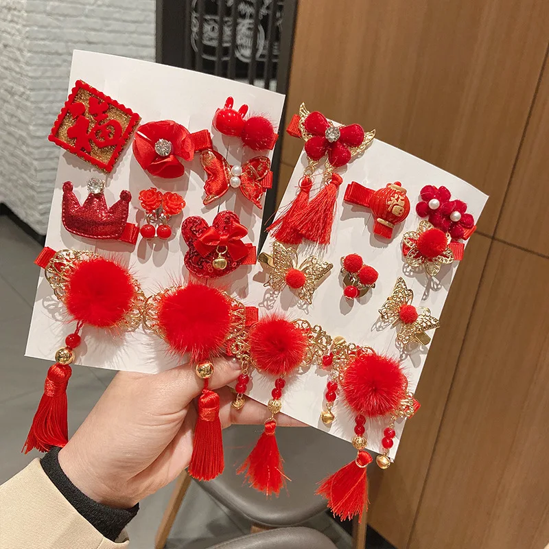 Chinese Style Children's Headdress Set New Year's Red Color Bow Hairpin for Girl Kid Dress Up Perform Hair Clip Festival Gift