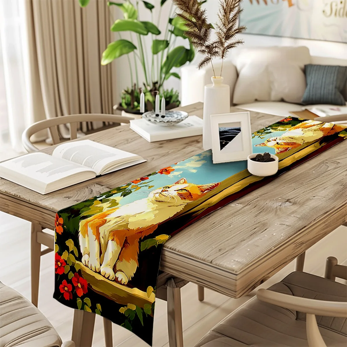 decoration table runner Floral & Cat Pattern Impressionist Style Long cloth Festive Dining & Living Room Decor,Kitchen & Coffee