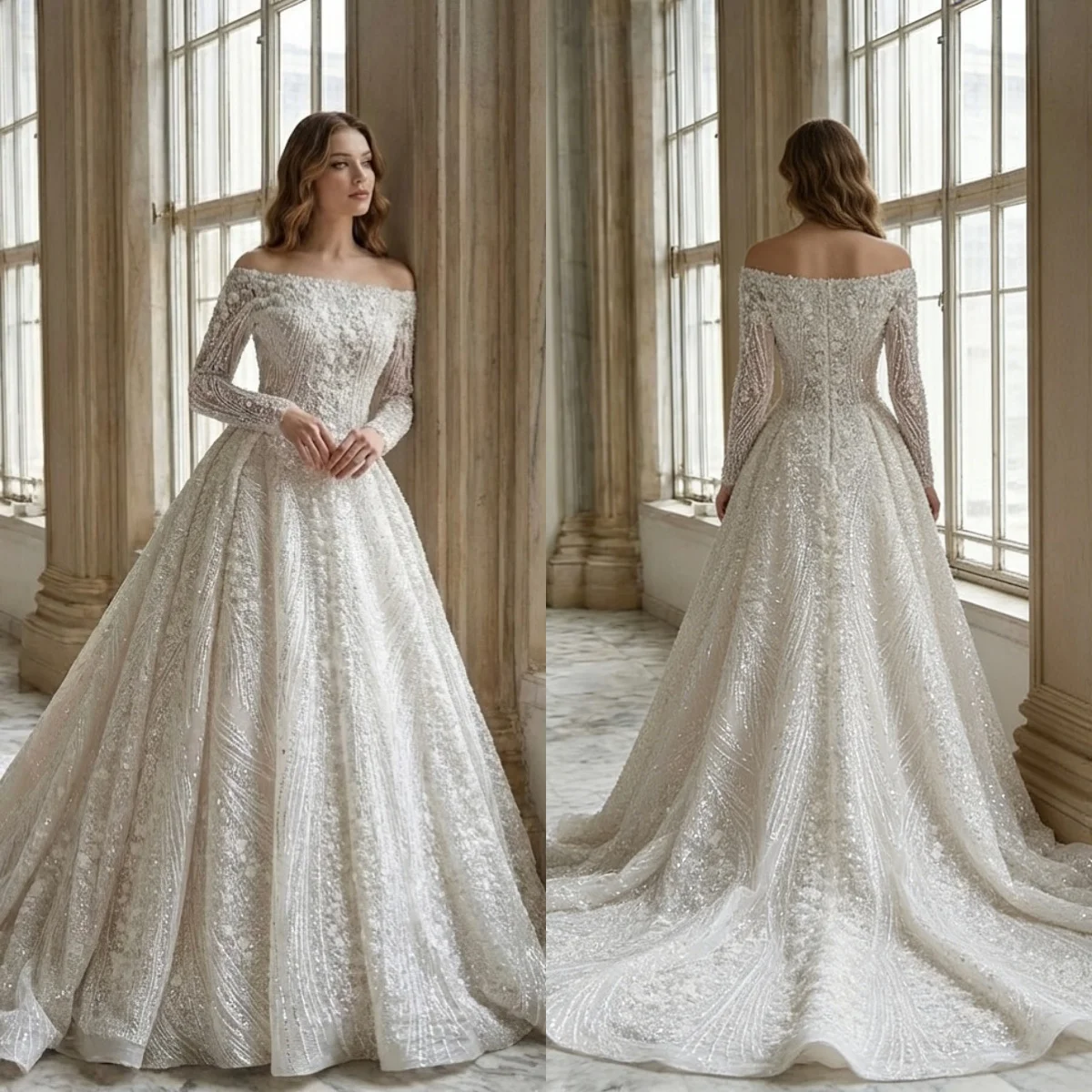 Custom Luxury Square Neck Long Sleeve Beaded Ball Gown Wedding Dress 2026 Cathedral Train Bridal Gown Plus Size Vestido De Novia