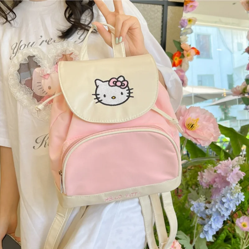 Sanrio Lovely Cartoon Canvas Large Capacity Hello Kitty Student Backpack Versatile Fashion Drawstring Bag Holiday Gift for Girl