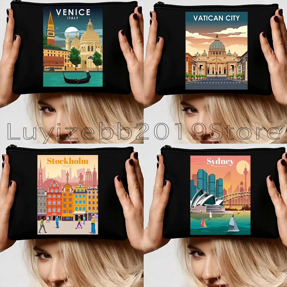 

Singapore Sofia Stockholm Sydney Taj Mahal Venice Vienna Brussels Warsaw Yerevan Canvas Cosmetic Makeup Bag Pencil Case Pouch