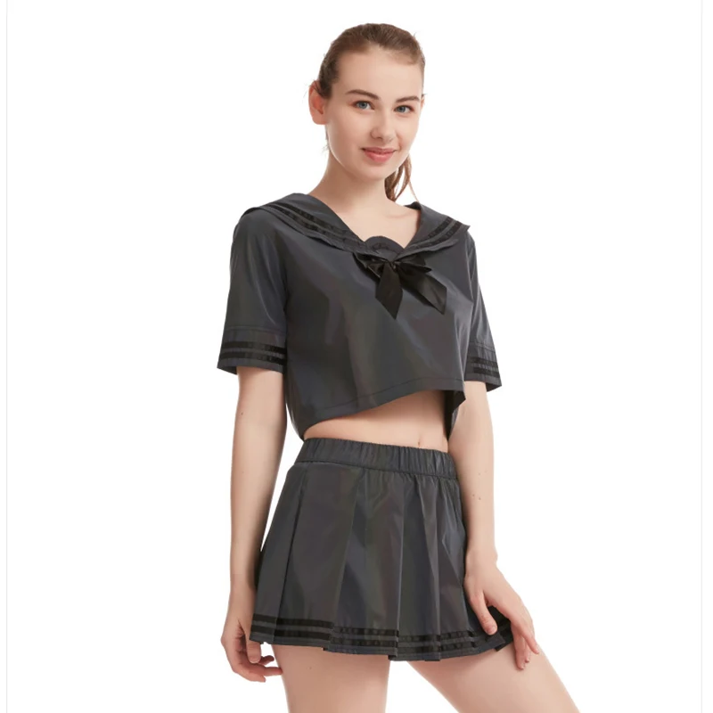 Colorful Reflective Suit Sexy Cute Uniform Suit Female Japanese T-Shirt Bow Decorative Pleated Skirt Reflective Suit New