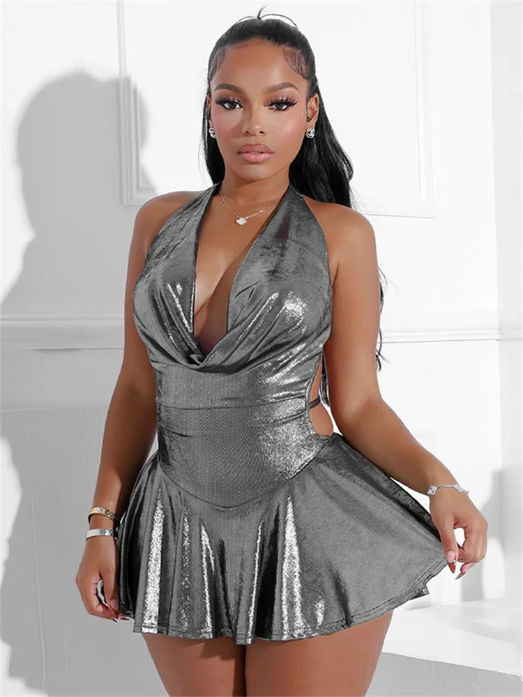 Estranho gato bandagem halter vestido feminino bruched baixo pescoço sem costas sem mangas babados meia-noite rua tendência metálico mini bodycon