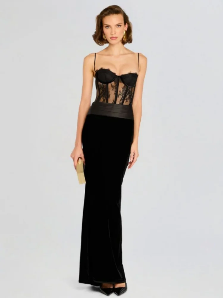 

2025 New Black Women Sexy Strap Lace Fashion Bodycon Long Maxi Dress Celebrate Birthday Vacation Cocktail Outfit Vestido