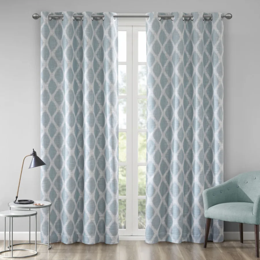 

Living room Ikat printed blackout curtain panel, polyester fabric, black, thermal insulated and light blocking