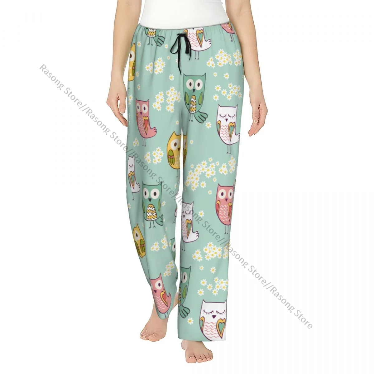 

Cute Floral With Colorful Owls Women Sleep Pants Warm Flannel Lounge Pants for Winter Nights
