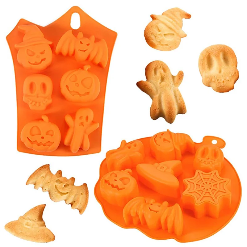 2 Pack Halloween Silicone Molds Pumpkin Skull Head Ghost Bat Witch Hat Shaped Molds for Chocolate Cookie Soap Candles DIY Making