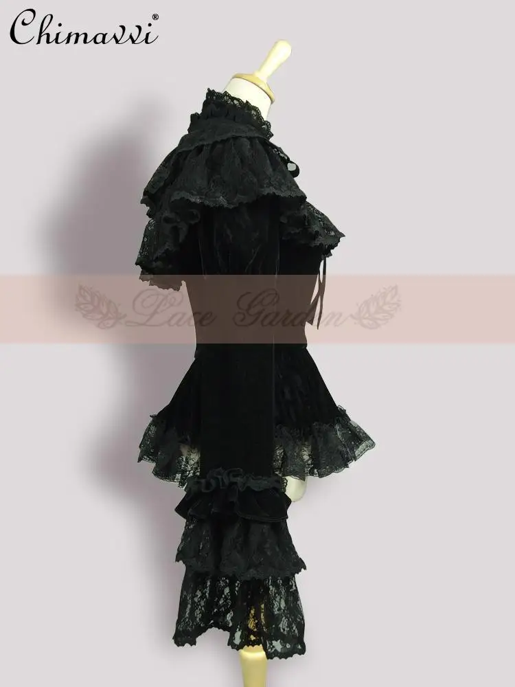 Vintage Velvet Multi-Layer Lace Ruffled Cappa Coat Autumn and Winter New French Court Black Velvet Sleeve Shawl Short Jackets