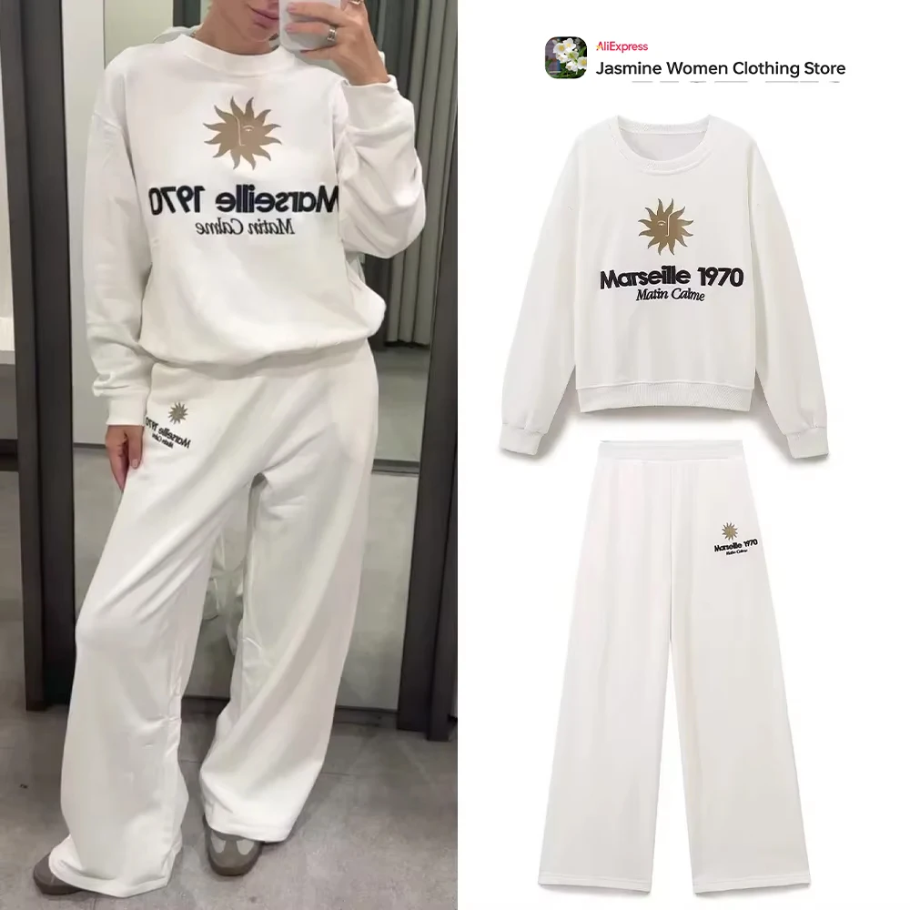 Embroidery Women's White Sweater Set Basic Loose Trouser Suits Ensemble Femme 2 Pieces O-neck Sweater + Elastic Waistband Pants