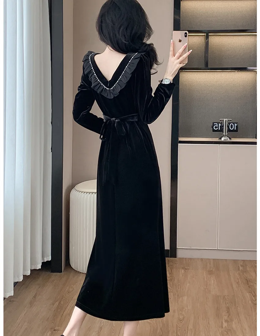 New 2024 Elegant Autumn Ruffles Beading Velvet Midi Dress For Women Round Collar Lace Up Belt Slim Waist Black Velour Vestidos