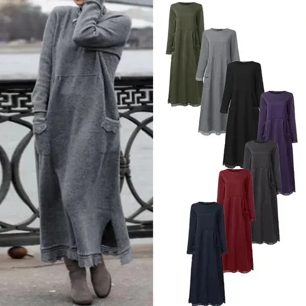 Abito da donna in felpa di velluto allentato Aggiungi primavera autunno Tasca a maniche lunghe Pullover ampio Abiti lunghi maxi con nappe increspate