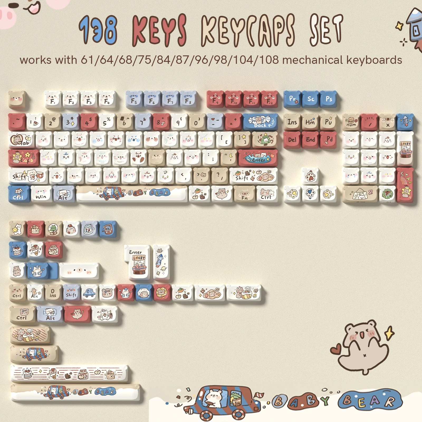 138 Keys MAO Profile Cute Bear Ear PBT Keycaps Customs Dye Sub Key cap for 61/87/104 Cherry MX Switch Gaming Mechanical Keyboard