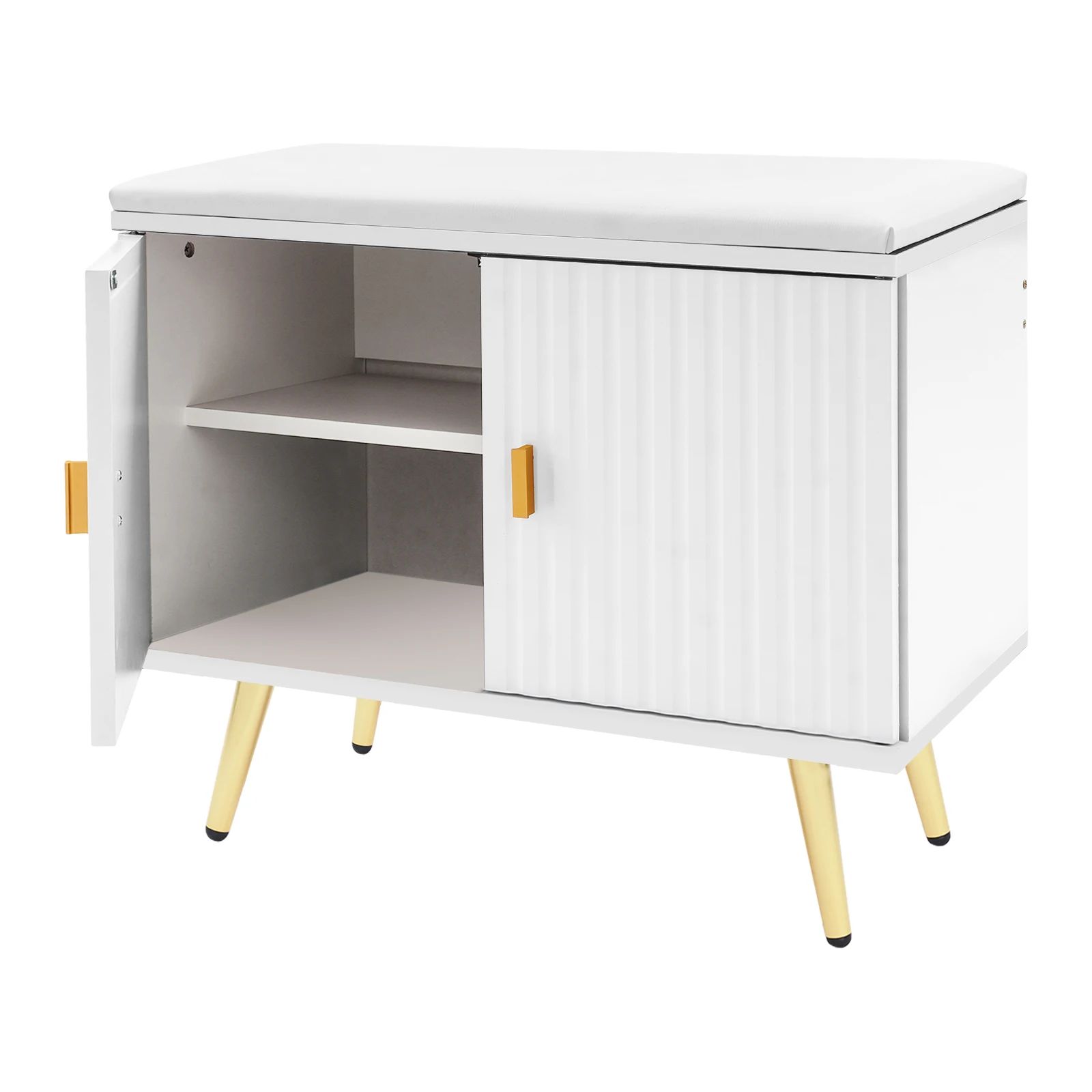 مقعد أحذية حديث أبيض + ذهبي مع مساحة تخزين من طبقتين وقسم قابل للإزالة، أرجل معدنية، سعة تحميل 100 كجم مقاس سطح المقعد 60*32 سم #6