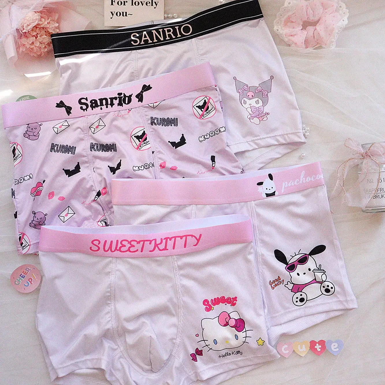 Cute Pink Hello Kitty Men Underwear Cartoon Pure Cotton Boxer Briefs Boxer Shorts Mid-rise Breathable Boyfriend Clothes Gifts