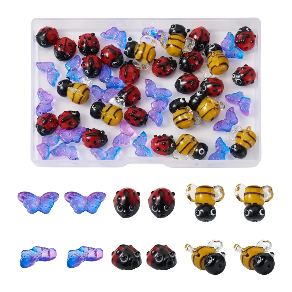 50Pcs Mixed 3D Bee Ladybug Butterfly Lampwork Glass Beads Animal Spacer Charms For Bracelet Necklace DIY Jewelry Making