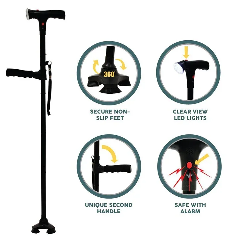 Height Adjustable Elderly Walking Stick with Voice Announcement LED Lights Lightweight Foldable Outdoor Walking and Camping Cane