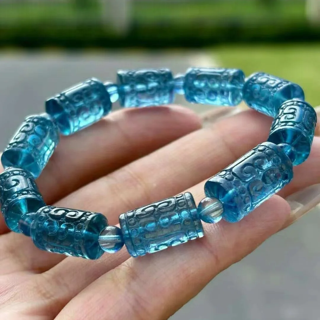 Natural Blue Aquamarine Clear Barrel Beads Bracelet 9.8x15mm Women Men Gift Fashion Brazil Deep Blue Aquamarine Jewelry AAAAA