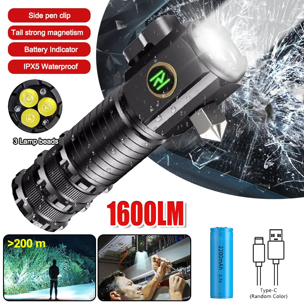 

Strong light long-range flashlight with safety hammer BL-652X-C flashlight+18650 battery (2200mAh)+charging cable