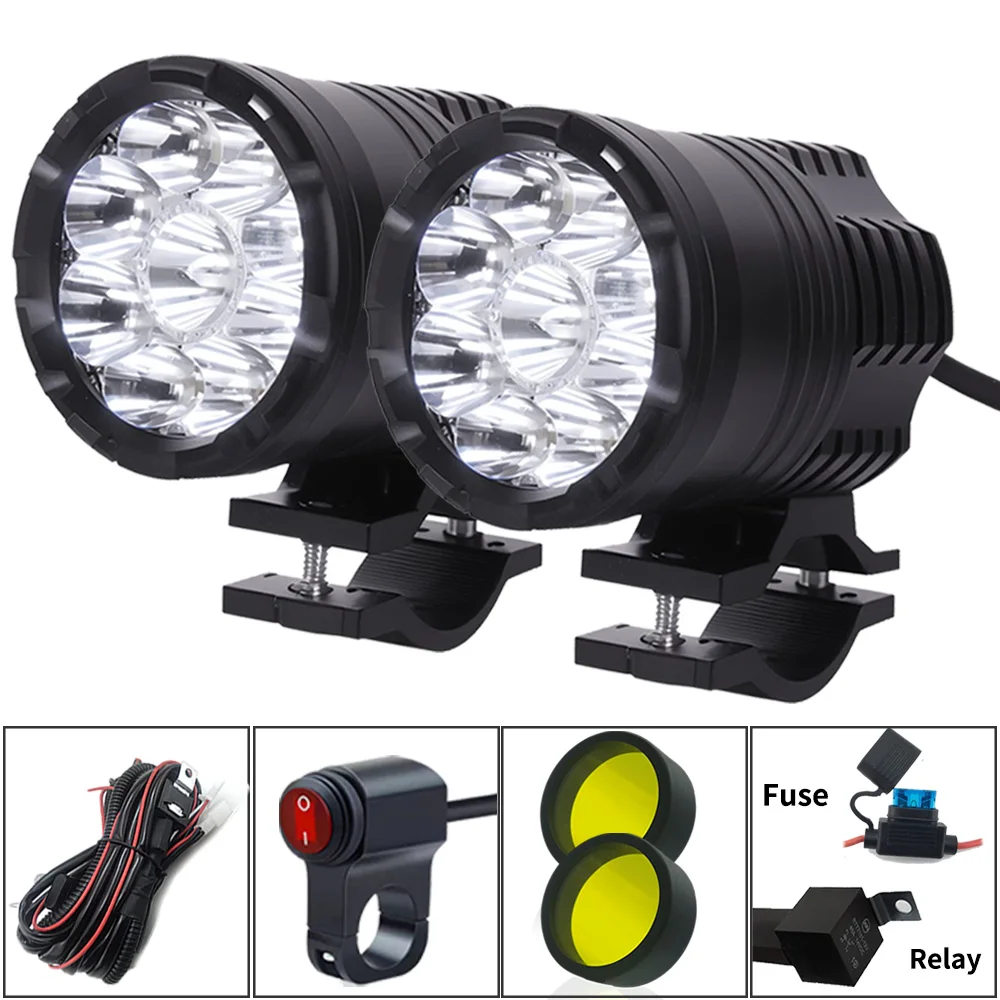 

9 Chips Motorcycle LED Auxiliary Lights 12-80V Headlights High/Low/Strobe Long Range Additional Motocross Spotlights Fog Lights