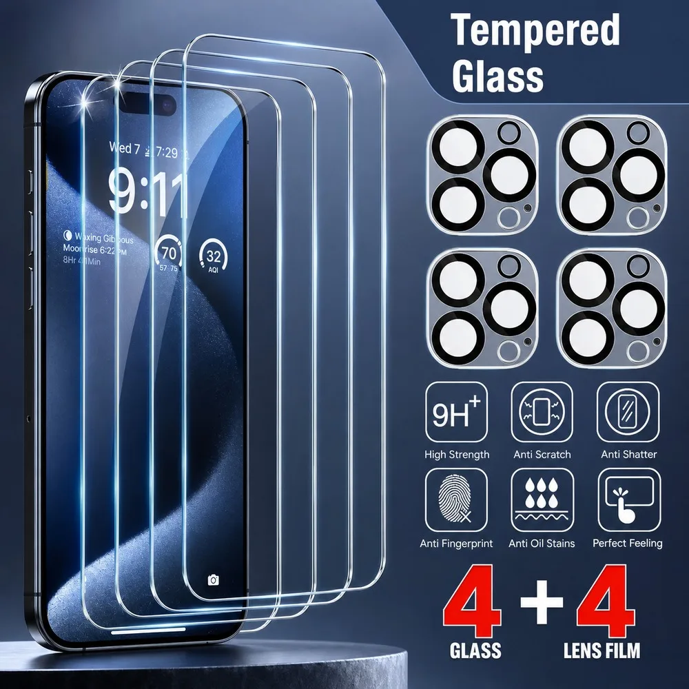 4+4 Stück Gehärtetes Glas für iPhone Air 17 17e 18 Kameralinsen-Displayschutz für iPhone 17 Pro 17 Pro Max 18 Pro 18 Pro Max HD