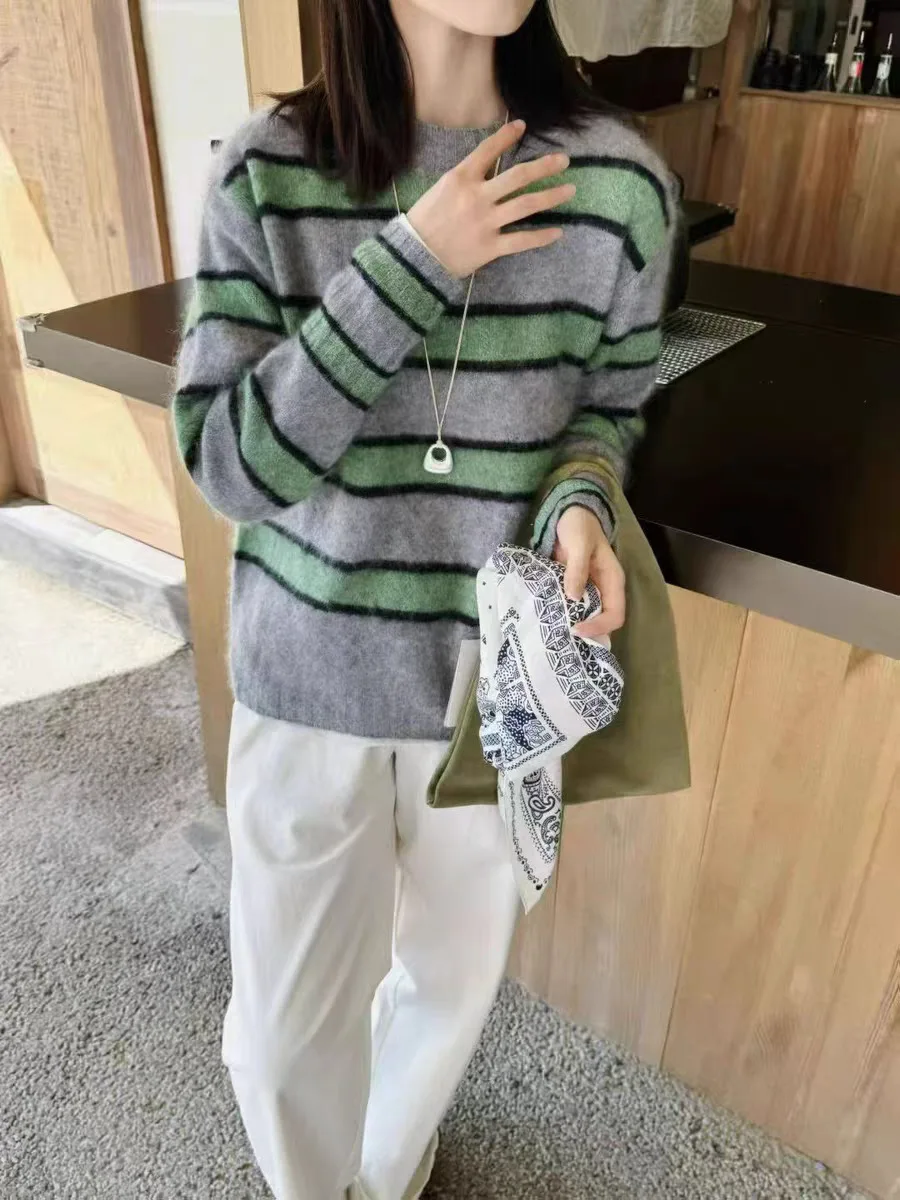 سترة نسائية محبوكة فضفاضة مستديرة Ne شريطية اللون Blo Dongdaemun Sle لينة مريحة كسول بلوزة الخريف Faion السيدات تريكو #2