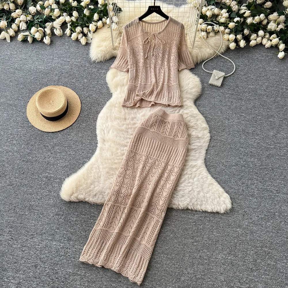 

Women Two Piece Sets Skirt Set Round Neck Short Sleeve Knit Tops Long Skirts A Line High Waist Y2k Streetwear Elegant Slim Fit