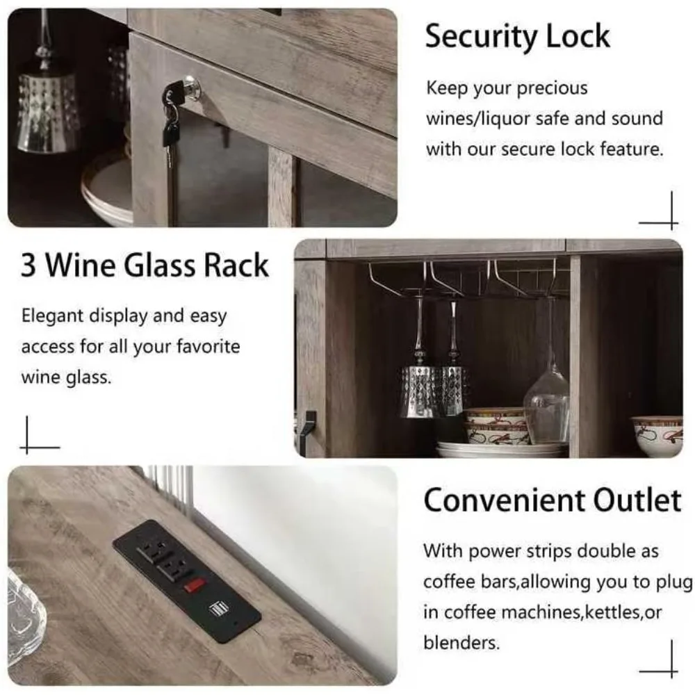 خزانة بار النبيذ والمشروبات مقاس 55.1 بوصة مع أقفال، و7 مصابيح LED، ورف منزلق، ورف مفتوح، و3 أدراج، وخزائن