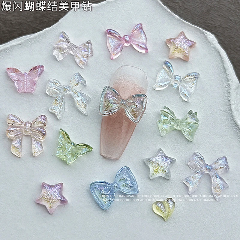 50PCS Transparent Resin 3D Nail Art Bow Charms Parts Heart Stars Accessories Glitter Nails Decoration Supplies Manicure Material