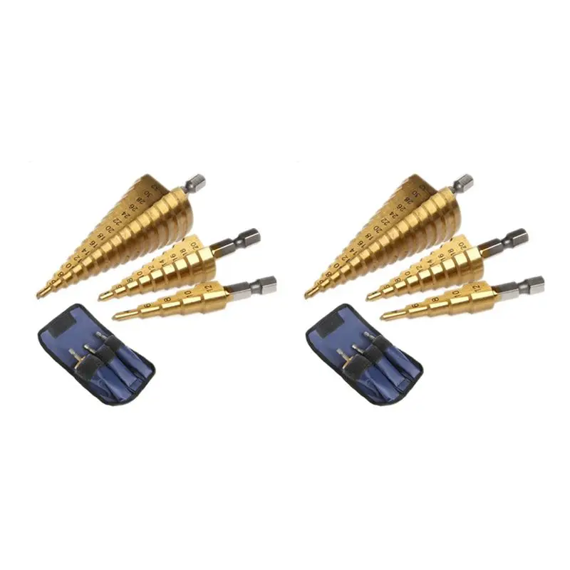 

ABGE-6Pc Hss Step Cone Taper Drill Bit Set Hole Cutter Metric 4-12/20/32Mm 1/4 Inch Titanium Coated Metal Hex Bits