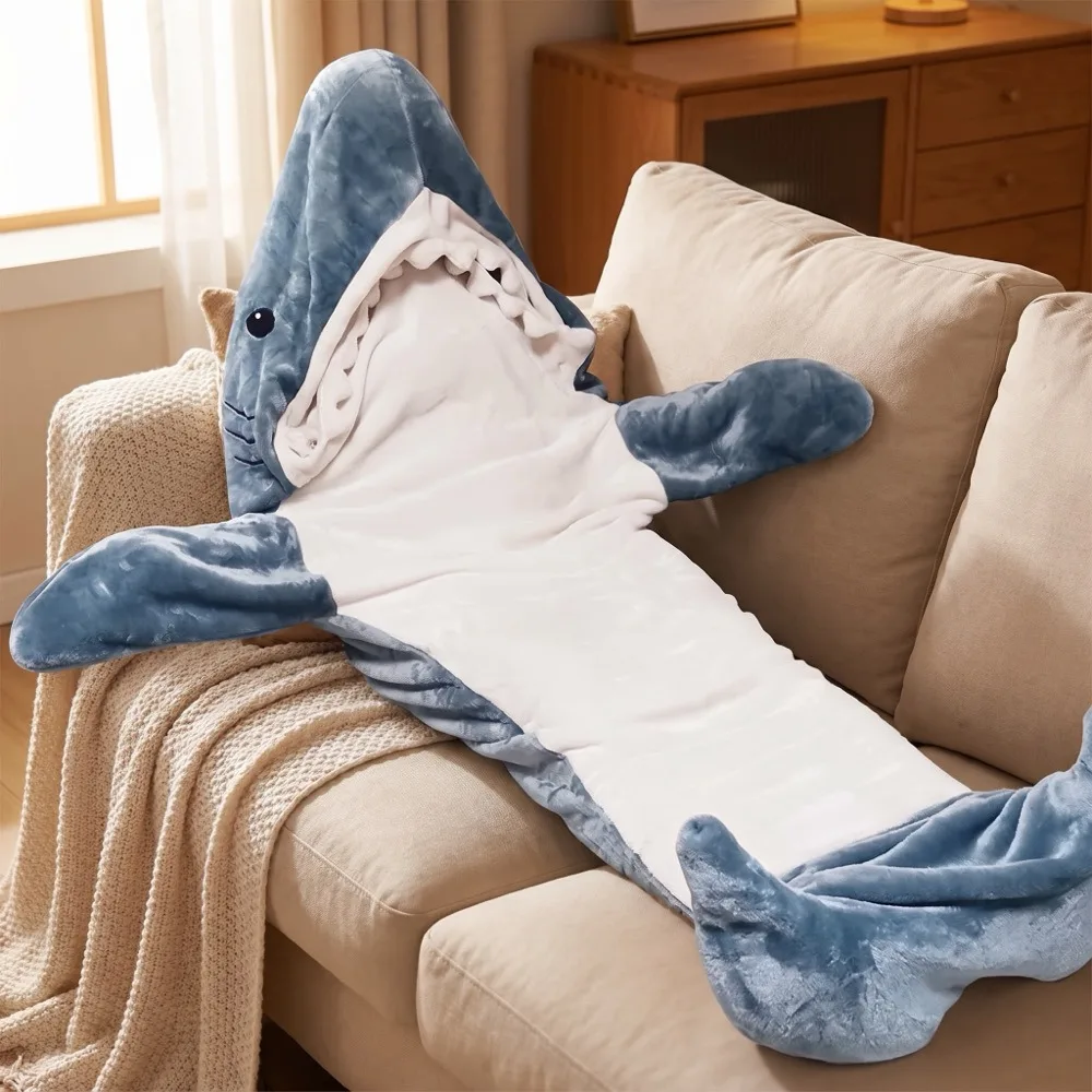 Cartoon Shark Hooded Wearable Blanket Soft Polyester Flannel Sleeping Bag Pajamas Adult Homewear Night Robe Winter Bathrobe