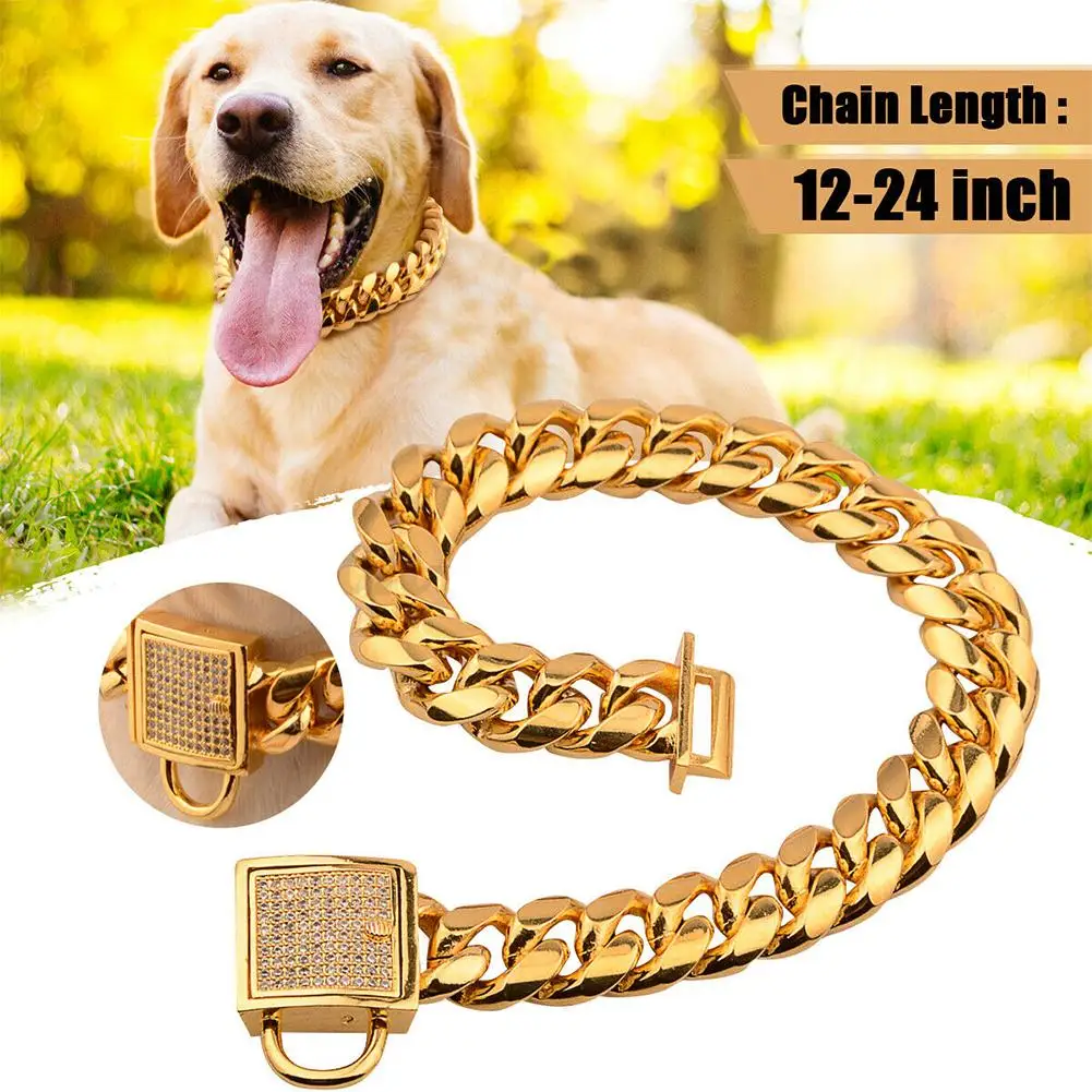 

14mm Pet Collar Stainless Steel Gold Color Chain for Universal Dogs Micro-inlaid Zircon Buckle Dog Leash