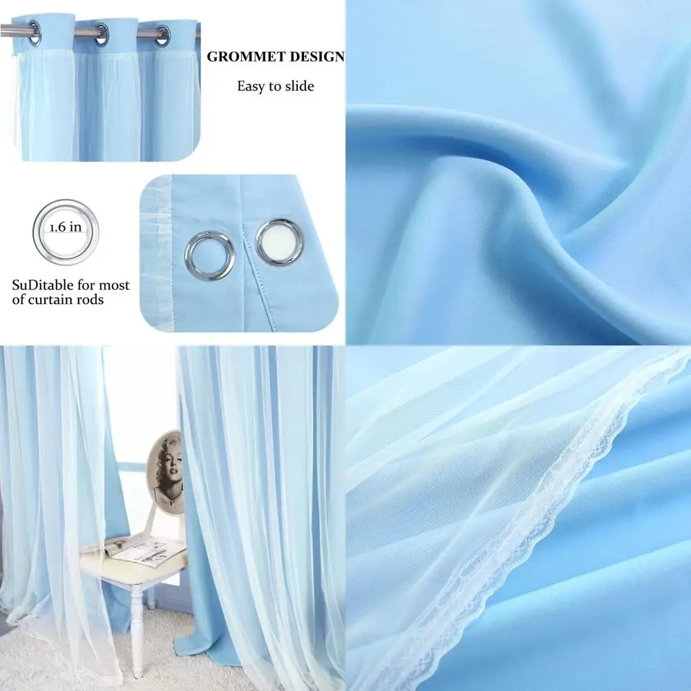 

Светло-голубые двухслойные затемняющие шторы 90 дюймов с прозрачной вуалью, подходят для детских/девичьих комнат, гостиной и детской площадки.