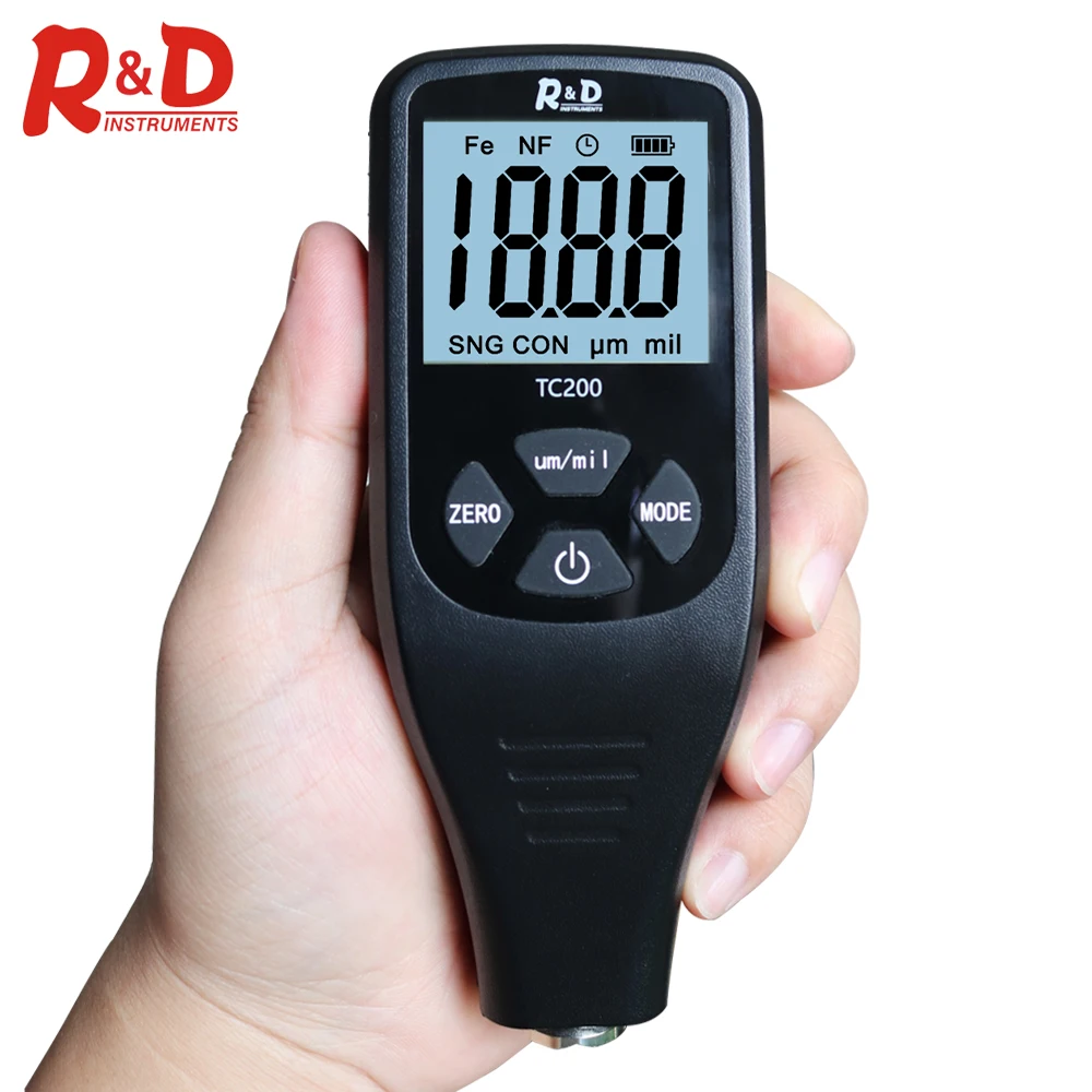 R&D TC200 Coating Thickness Gauge Backlight LCD Film measurement composite Auto Car Paint Thickness Meter withUS RU Manual Fe/NF