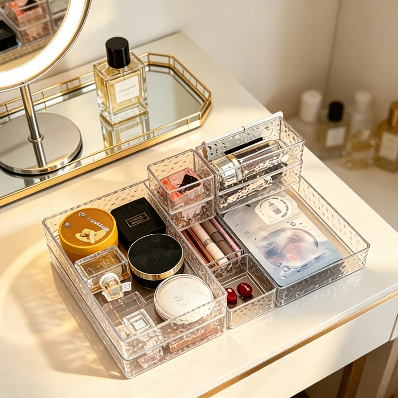 11-Piece Set of Water Ripple Transparent Beauty Storage Racks and Cosmetic Storage Boxes, Stackable Plastic Bathroom Accessory Set, with Multi-Specification Drawer Trays and Mini Nail Polish Storage Boxes, Suitable for Dressing Tables, Bathroom Drawers, and Countertops, for Storing Skincare Products, Makeup, and Jewelry