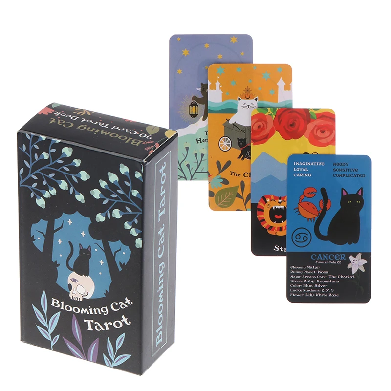 Cartas de Tarot de gato floreciente, juego de mesa de oráculo de adivinación misteriosa, cartas de juego en inglés