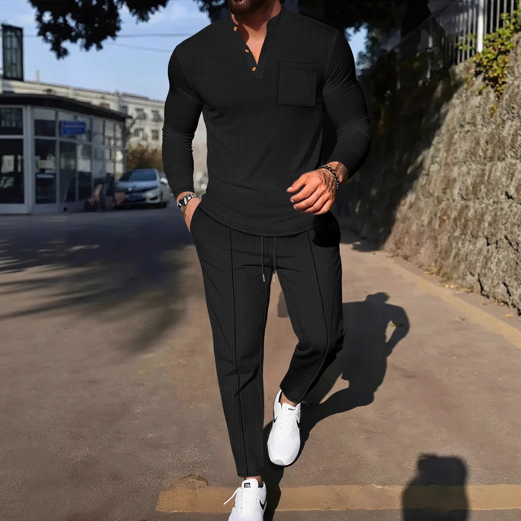 Men's Waffle Check Stand-Up Collar Semi-Casual Business Suit Button-Down Top with Comfortable Trousers Have 1/2 Pieces