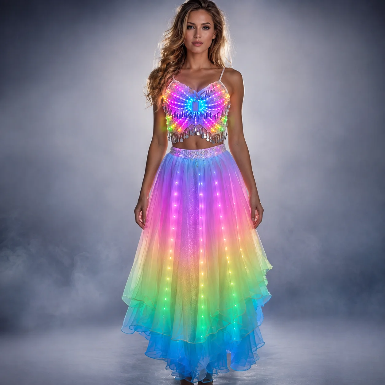LED Color Lights Women Belly Dance Split Skirt Sexy Professional Bellydance Training Clothes Dancing Costumes