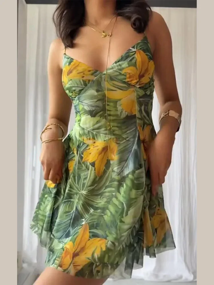 シックなプリントAラインスリングドレス レディース エレガント ノースリーブ バックレス スリムフィット ミニ丈ワンピース 2025 ホリデー デイリー ストリートドレス
