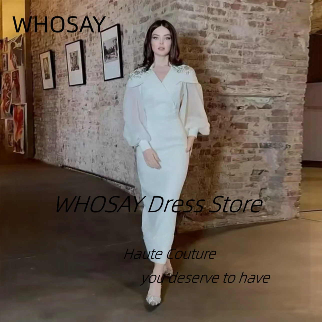 WHOSAY V넥 맞춤형 구슬 장식 긴 소매 무도회 드레스, 발목 길이, 결혼식 파티 원피스, 사우디 아라비아 이브닝 가운