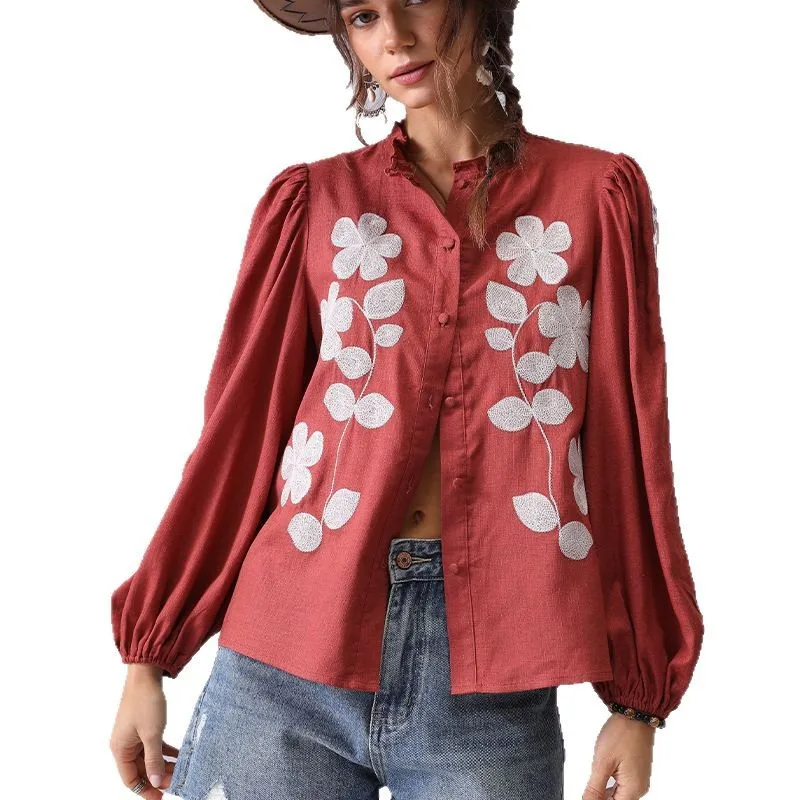 

Boho Retro Floral Embroidery Blouse Shirt Women Red Spring Autumn Long Lantern Sleeve Button-up Vocation Beach Vintage Tops New