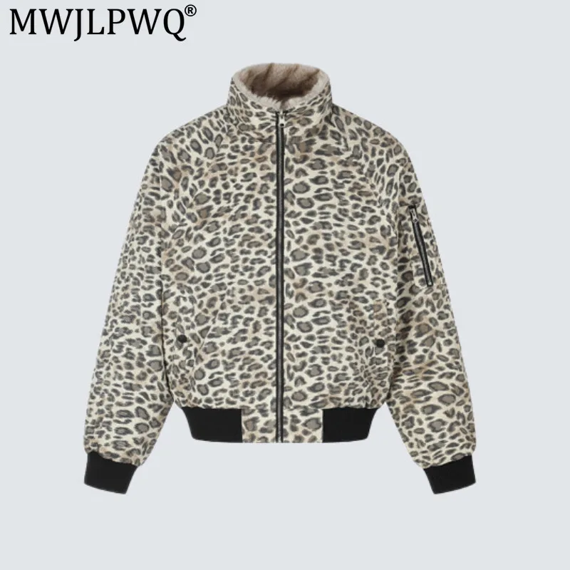 MWJLPWQ High-Street Reversible Leopard-Print Jacket Men's American-Style Stand Collar Plush Warmth Spring Autumn Tops 21265