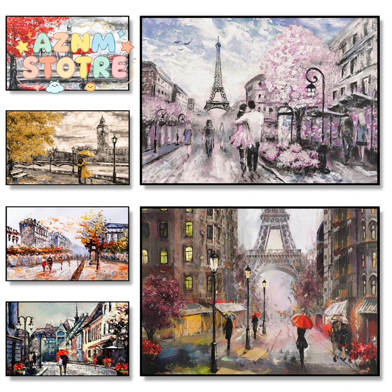 Abstract Graffiti Romantic City Picture Walking Paris Tower Landscape Canvas Poster Living Room Home Bedroom Decoration Paint