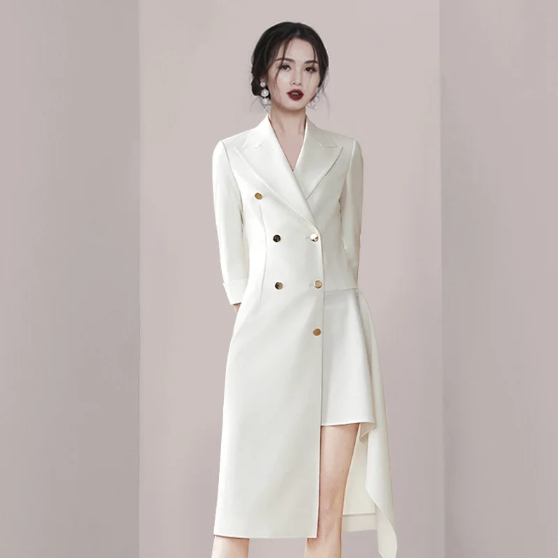 Autumn New Business Blazer Dress Women's Double-breasted V Neck Irreegular Niche Party Formal Suit Skirt White