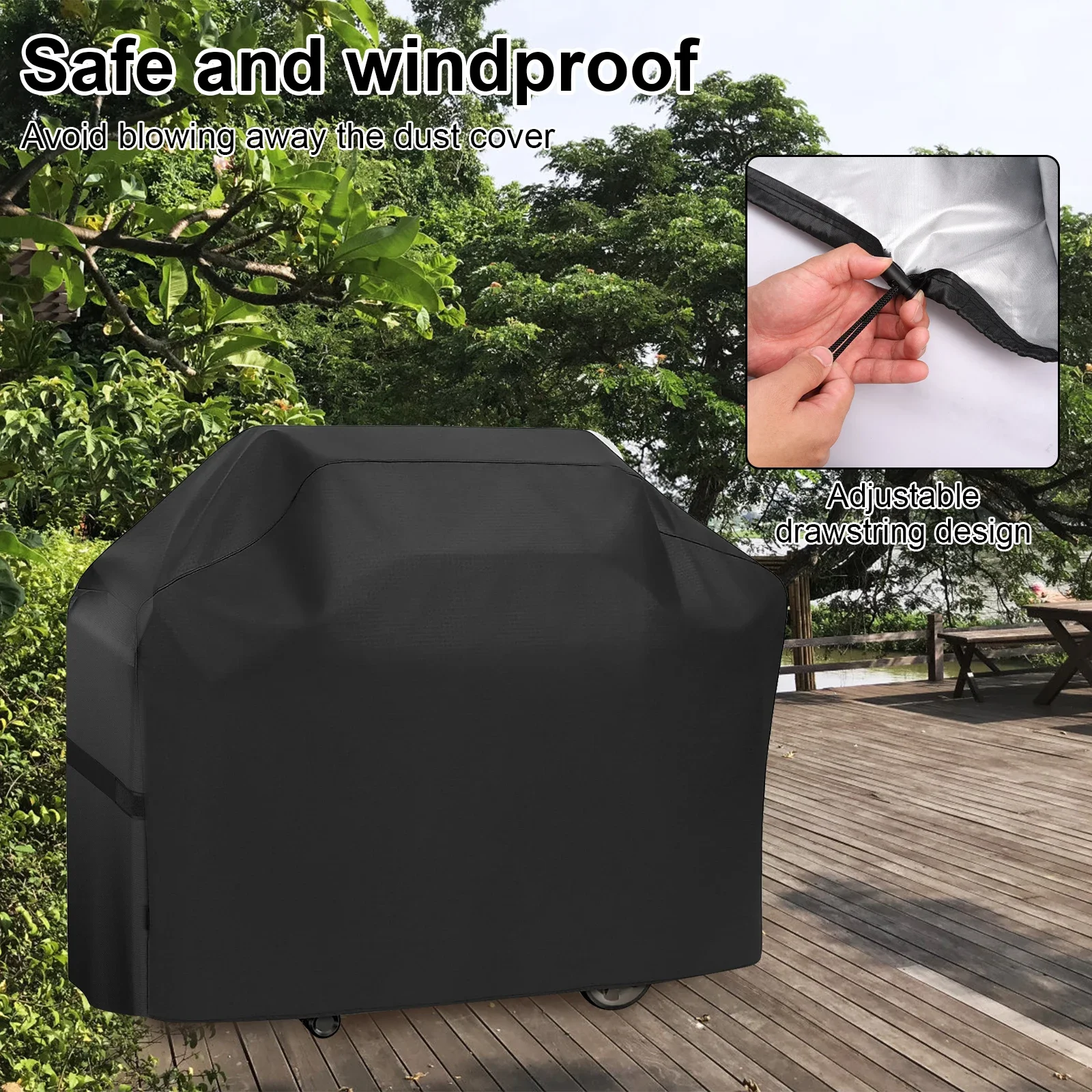 Grill Cover with Hook and Loop Straps Adjustable Drawstring Heavy Duty BBQ Cover Waterproof Grill Cover for Outdoor Grills