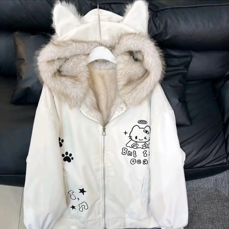 

2025 New Hello Kitty Korean Cute Thick Plush Embroidery Cat Ears Hooded Jacket Women Winter Warm Cotton Coat Fashion Outerwear