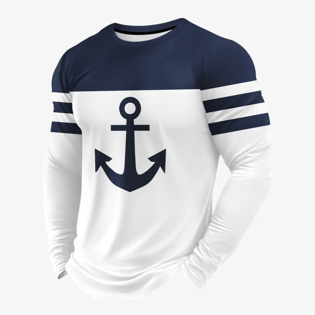 

Fashion Men's Navigation Ship's Anchor Graphic T-shirt Casual Loose Long Sleeve Tees Outdoor Striped Sports Crew neck Man Tops