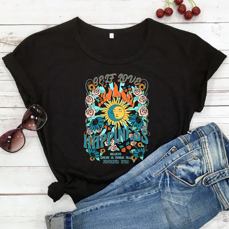 

colored self love happiness tshirt vintage women short sleeve boho sun moon tee shirt top